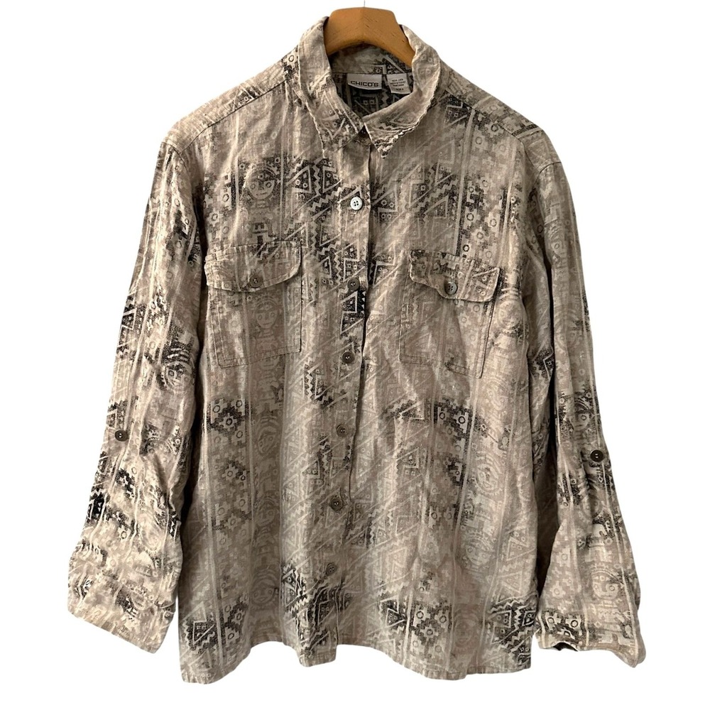 Chico's‎ Grey and Black 100% Linen Tribal Print Button Up Shirt Jacket Size 2